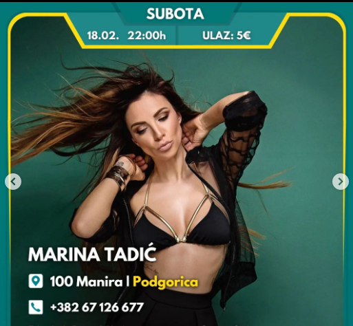 MARINA TADIC u restoranu 100 Manira - subota 18 februar!